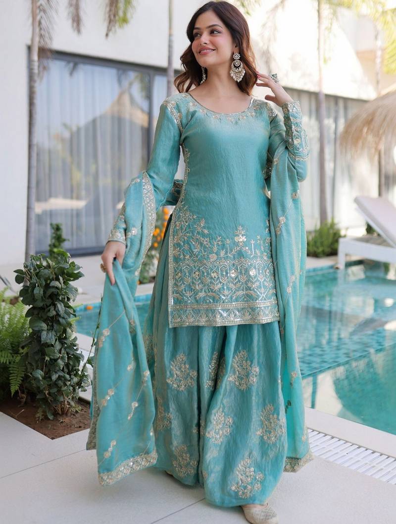 Sky blue color beautiful fendy silk fabric glamorous ceremonial looks salwar kameez