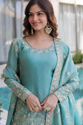 Sky blue color beautiful fendy silk fabric glamorous ceremonial looks salwar kameez