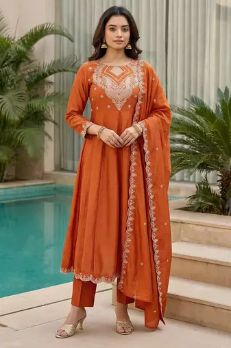 Rust color beautiful cp vichitra fabric glamorous ceremonial looks salwar kameez