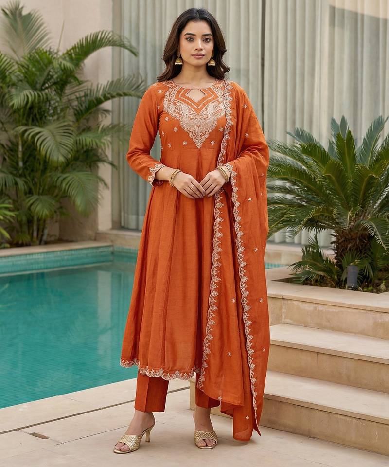 Rust color beautiful cp vichitra fabric glamorous ceremonial looks salwar kameez