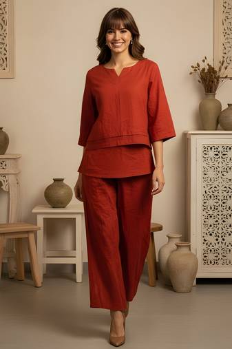 Rust color cotton slub fabric solid designer  graceful girlie casual kurta set