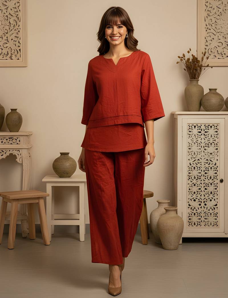 Rust color cotton slub fabric solid designer  graceful girlie casual kurta set
