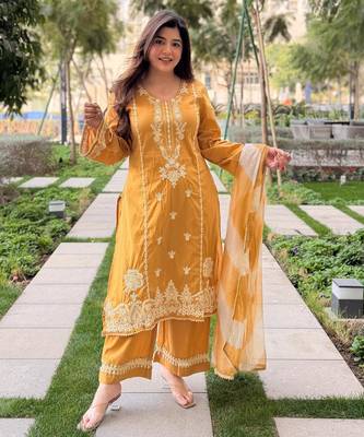 Mustard color beautiful roman silk fabric glamorous ceremonial looks salwar kameez 1
