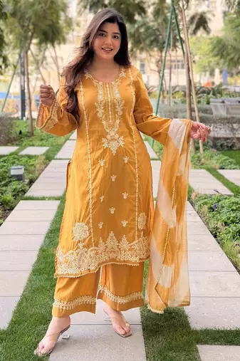 Mustard color beautiful roman silk fabric glamorous ceremonial looks salwar kameez