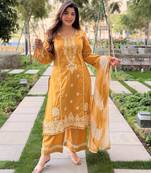 Mustard color beautiful roman silk fabric glamorous ceremonial looks salwar kameez