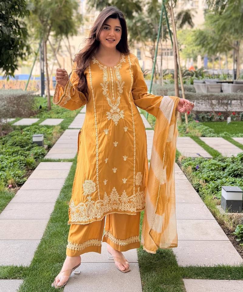 Mustard color beautiful roman silk fabric glamorous ceremonial looks salwar kameez