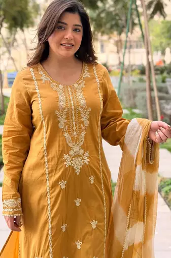 Mustard color beautiful roman silk fabric glamorous ceremonial looks salwar kameez