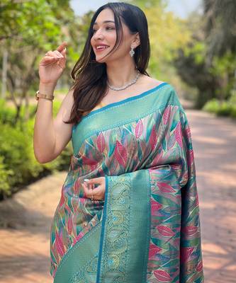 elegant sea-green silk blend saree with contrast weaving border 3