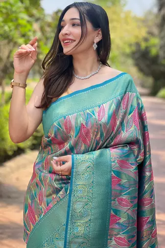 elegant sea-green silk blend saree with contrast weaving border