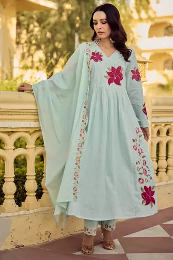 Sky blue color beautiful georgette fabric glamorous ceremonial looks salwar kameez