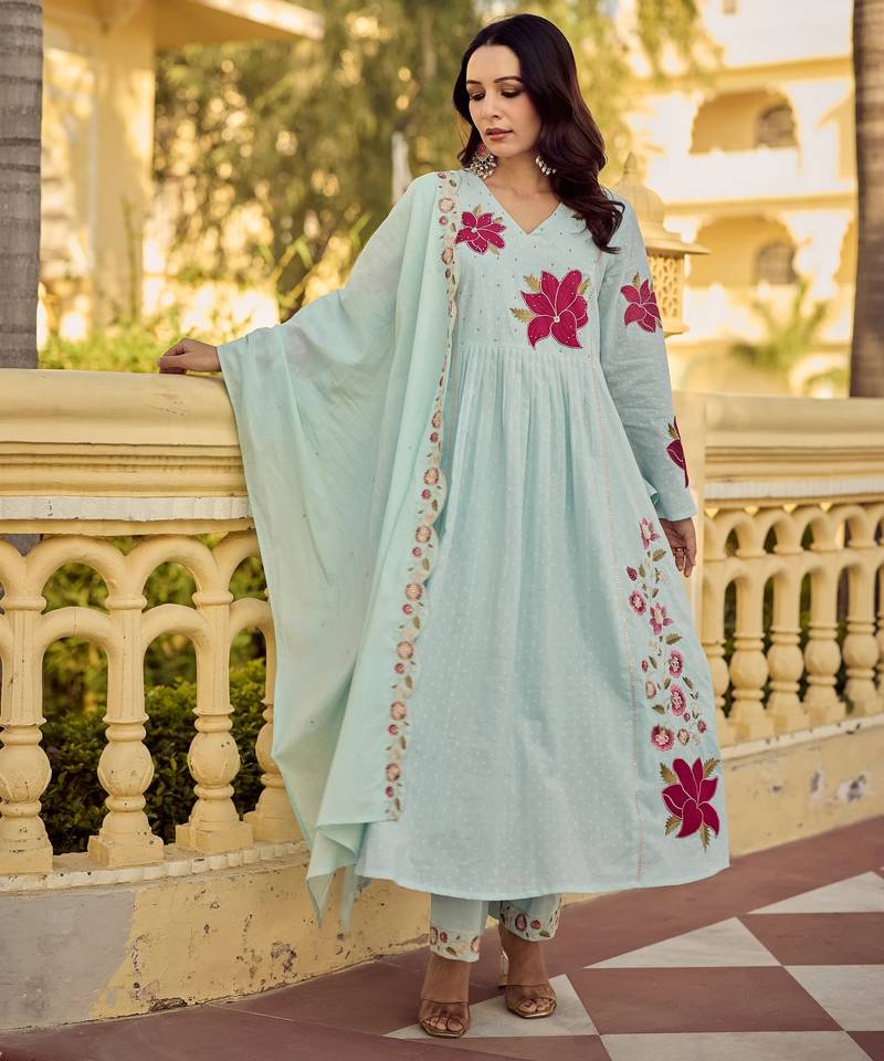 Sky blue color beautiful georgette fabric glamorous ceremonial looks salwar kameez