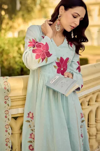Sky blue color beautiful georgette fabric glamorous ceremonial looks salwar kameez