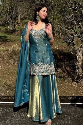 Sky blue color beautiful fendy satin fabric glamorous ceremonial looks salwar kameez