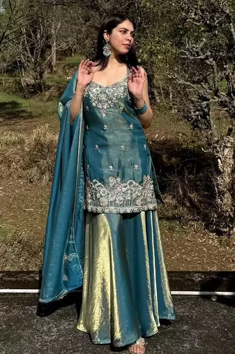 Sky blue color beautiful fendy satin fabric glamorous ceremonial looks salwar kameez