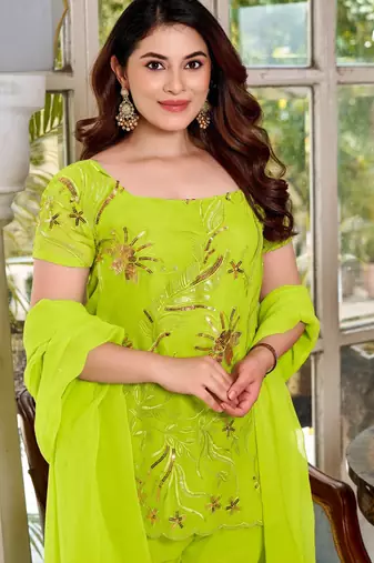 Parrot color beautiful designer georgette fabric graceful ceremonial attire