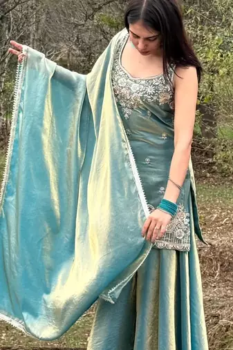 Sky blue color beautiful fendy satin fabric glamorous ceremonial looks salwar kameez