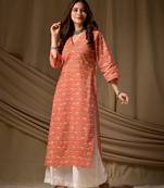 Orange color rayon fabric designer digital printed ethnic formal long kurti