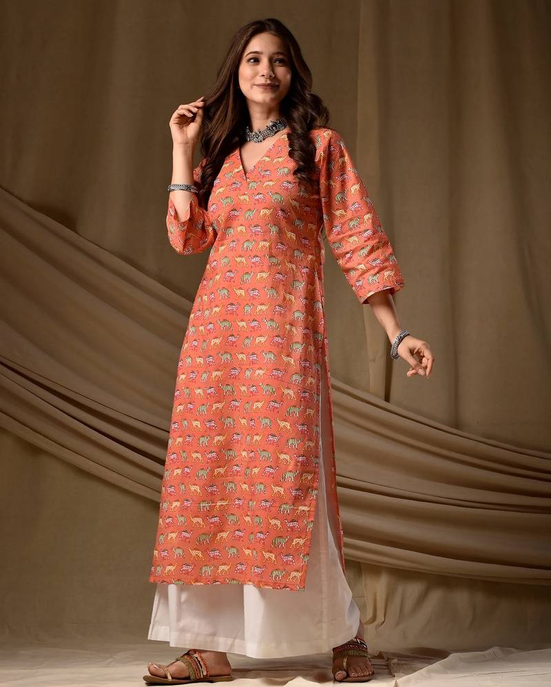 Orange color rayon fabric designer digital printed ethnic formal long kurti