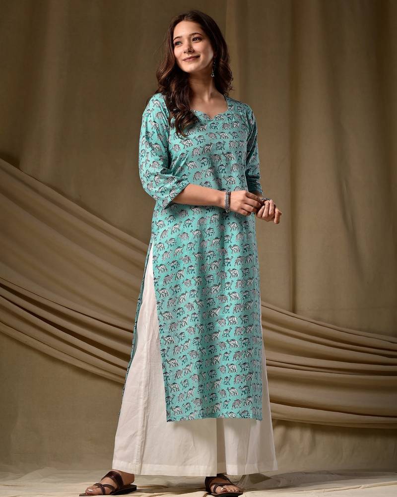 Blue color rayon fabric designer digital printed ethnic formal long kurti