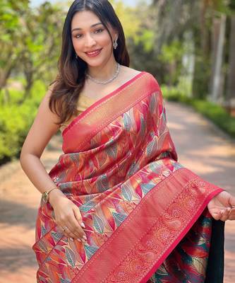 elegant red silk blend saree with contrast weaving border 3