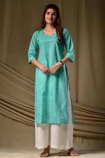 Sea green color rayon fabric designer digital printed ethnic formal long kurti