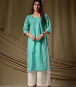 Sea green color rayon fabric designer digital printed ethnic formal long kurti