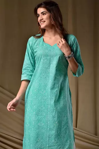 Sea green color rayon fabric designer digital printed ethnic formal long kurti