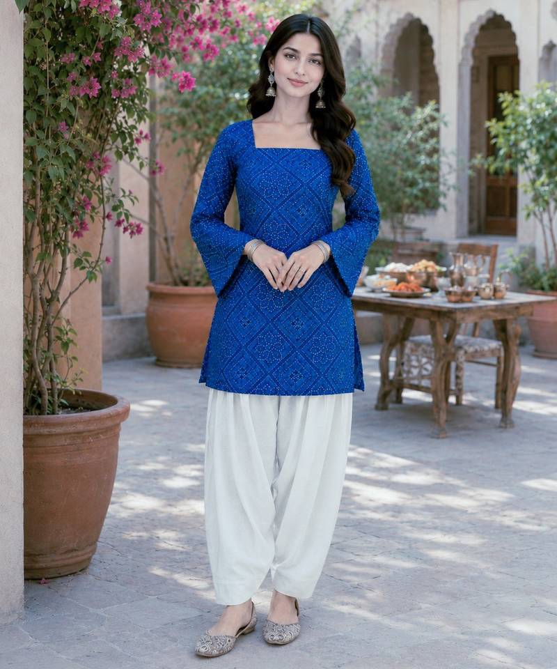 Blue color stylish festive special bandhej printed girlie top bottom set