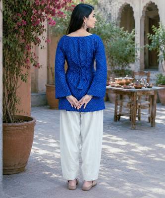 Blue color stylish festive special bandhej printed girlie top bottom set 2