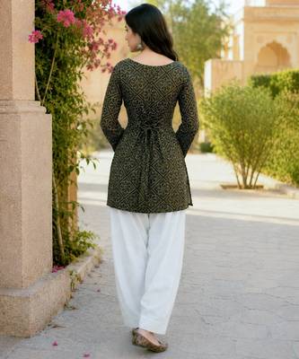 Green color stylish festive special bandhej printed girlie top bottom set 2