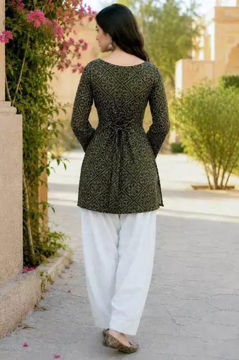 Green color stylish festive special bandhej printed girlie top bottom set