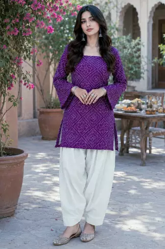 Purple color stylish festive special bandhej printed girlie top bottom set