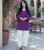 Purple color stylish festive special bandhej printed girlie top bottom set