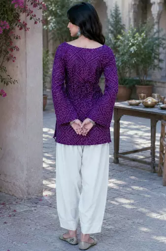 Purple color stylish festive special bandhej printed girlie top bottom set