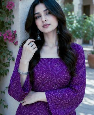 Purple color stylish festive special bandhej printed girlie top bottom set 3