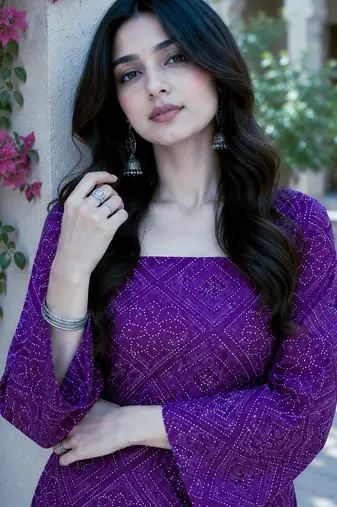 Purple color stylish festive special bandhej printed girlie top bottom set