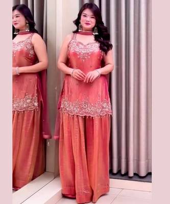Salmon color beautiful designer fendy satin fabric graceful ceremonial attire 1
