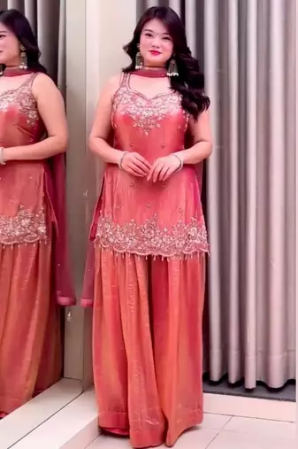 Salmon color beautiful designer fendy satin fabric graceful ceremonial attire