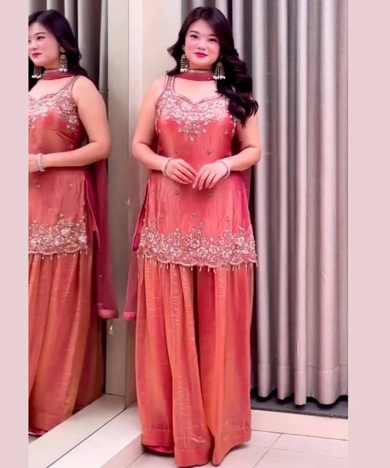 Salmon color beautiful designer fendy satin fabric graceful ceremonial attire