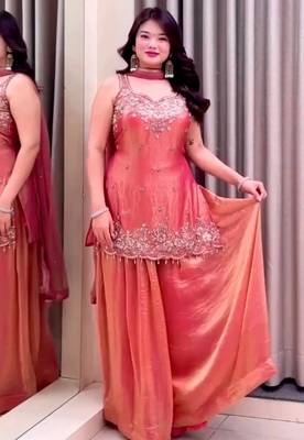 Salmon color beautiful designer fendy satin fabric graceful ceremonial attire 2