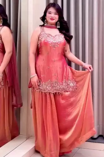 Salmon color beautiful designer fendy satin fabric graceful ceremonial attire