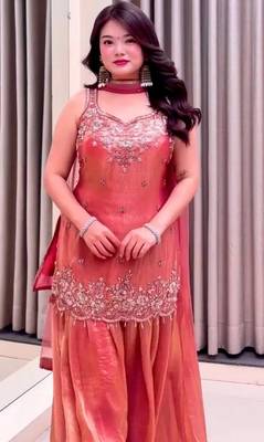 Salmon color beautiful designer fendy satin fabric graceful ceremonial attire 3