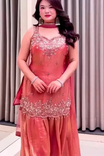 Salmon color beautiful designer fendy satin fabric graceful ceremonial attire