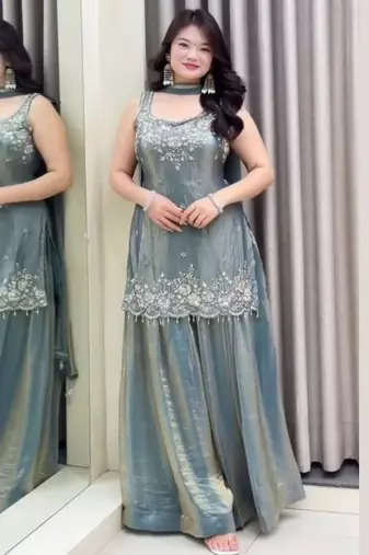 Grey color beautiful designer fendy satin fabric graceful ceremonial attire