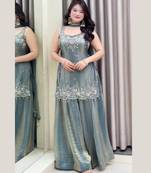 Grey color beautiful designer fendy satin fabric graceful ceremonial attire