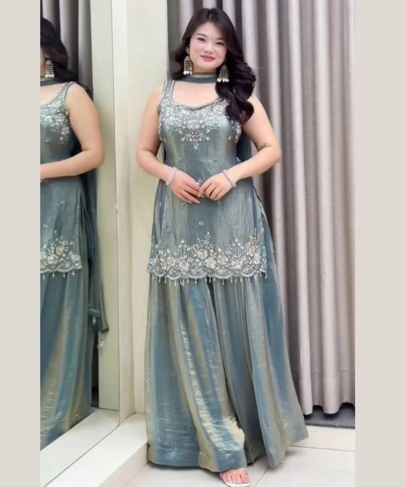 Grey color beautiful designer fendy satin fabric graceful ceremonial attire