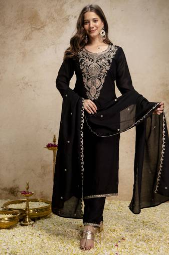 Black color beautiful designer vichitra silk fabric graceful ceremonial attire