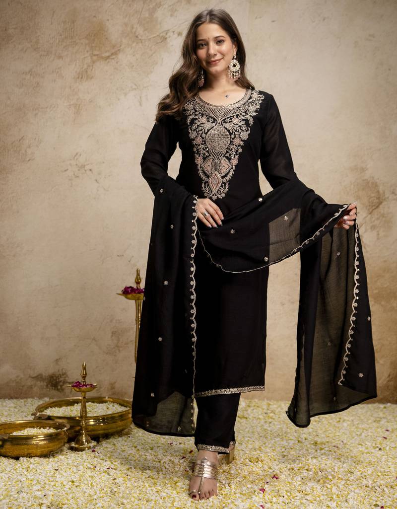 Black color beautiful designer vichitra silk fabric graceful ceremonial attire