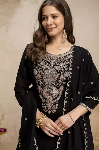Black color beautiful designer vichitra silk fabric graceful ceremonial attire