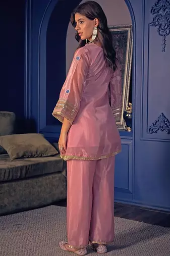 Peach color beautiful designer silk crepe fabric graceful ceremonial attire